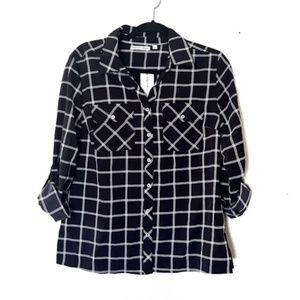 NWT Notations Black and White Window Pane Block Button Up Blouse